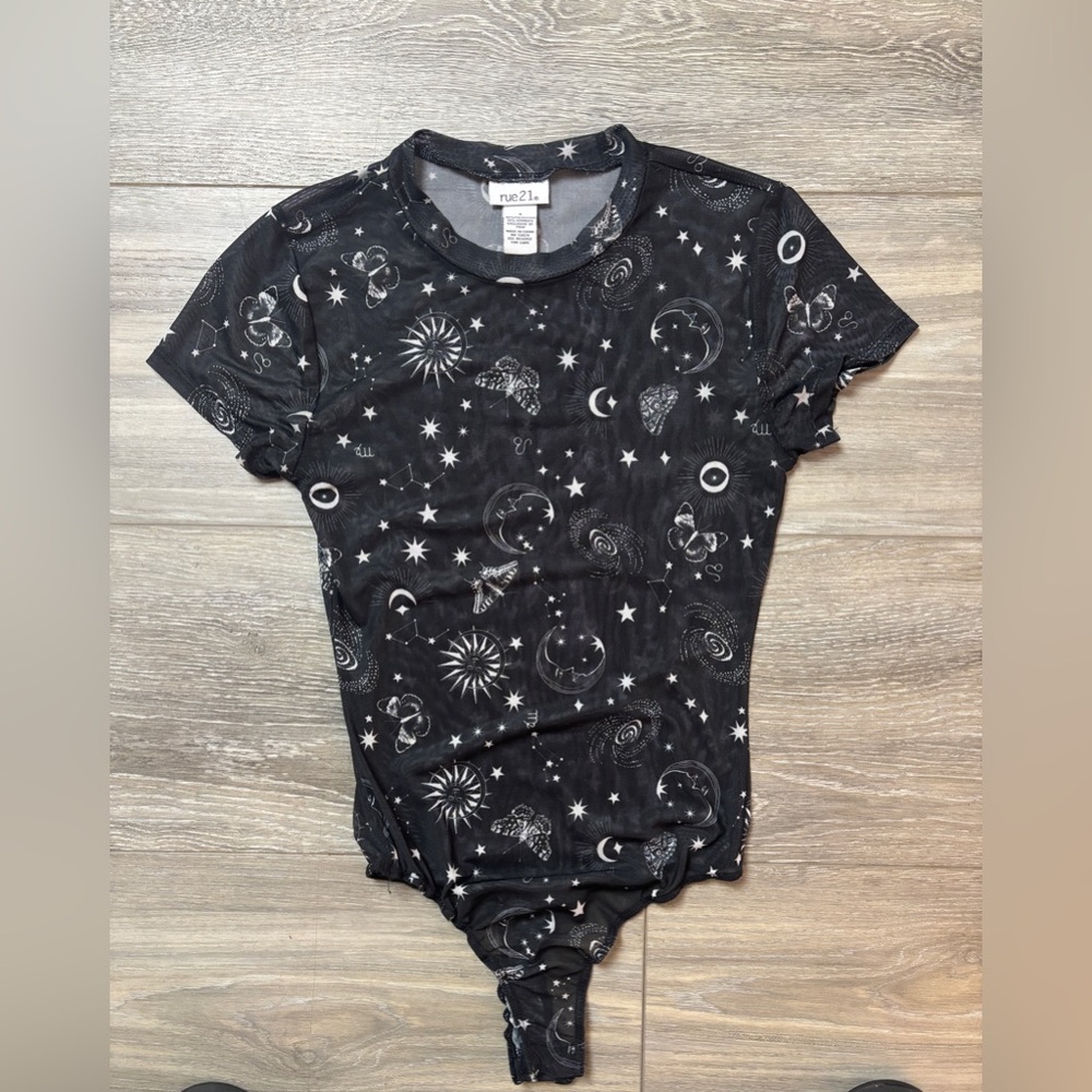 Rue 21 Black White Celestial Sheer Second Skin Short Sleeve Bodysuit Small